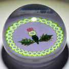 John Deacons Glass Art Paperweight Flamework Scottish Thistle with Aventurine Leaves and Garland of Millefiori on Lavender Ground