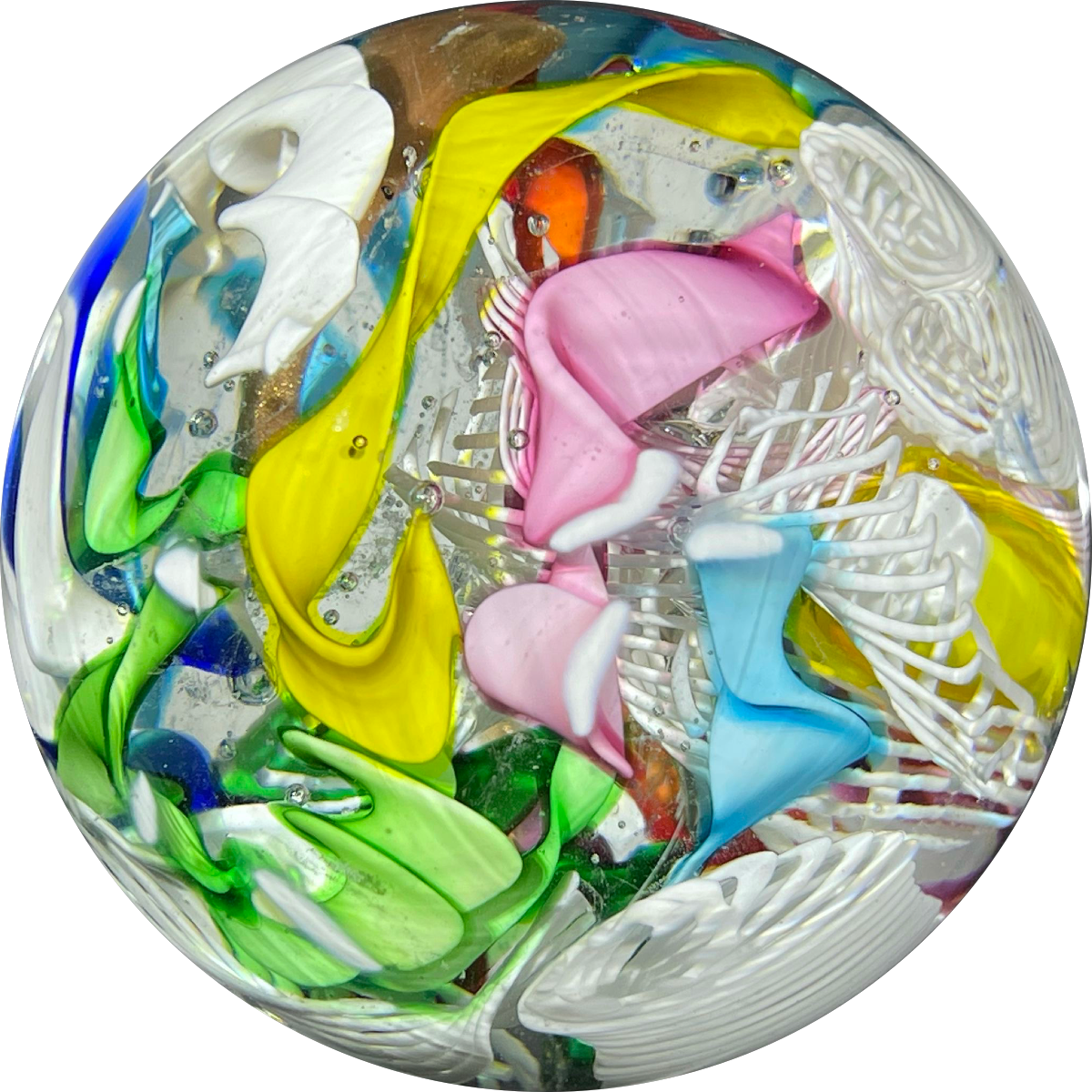 Vintage Murano Art Glass Paperweight Scramble With Colorful Ribbon Twists and Latticino