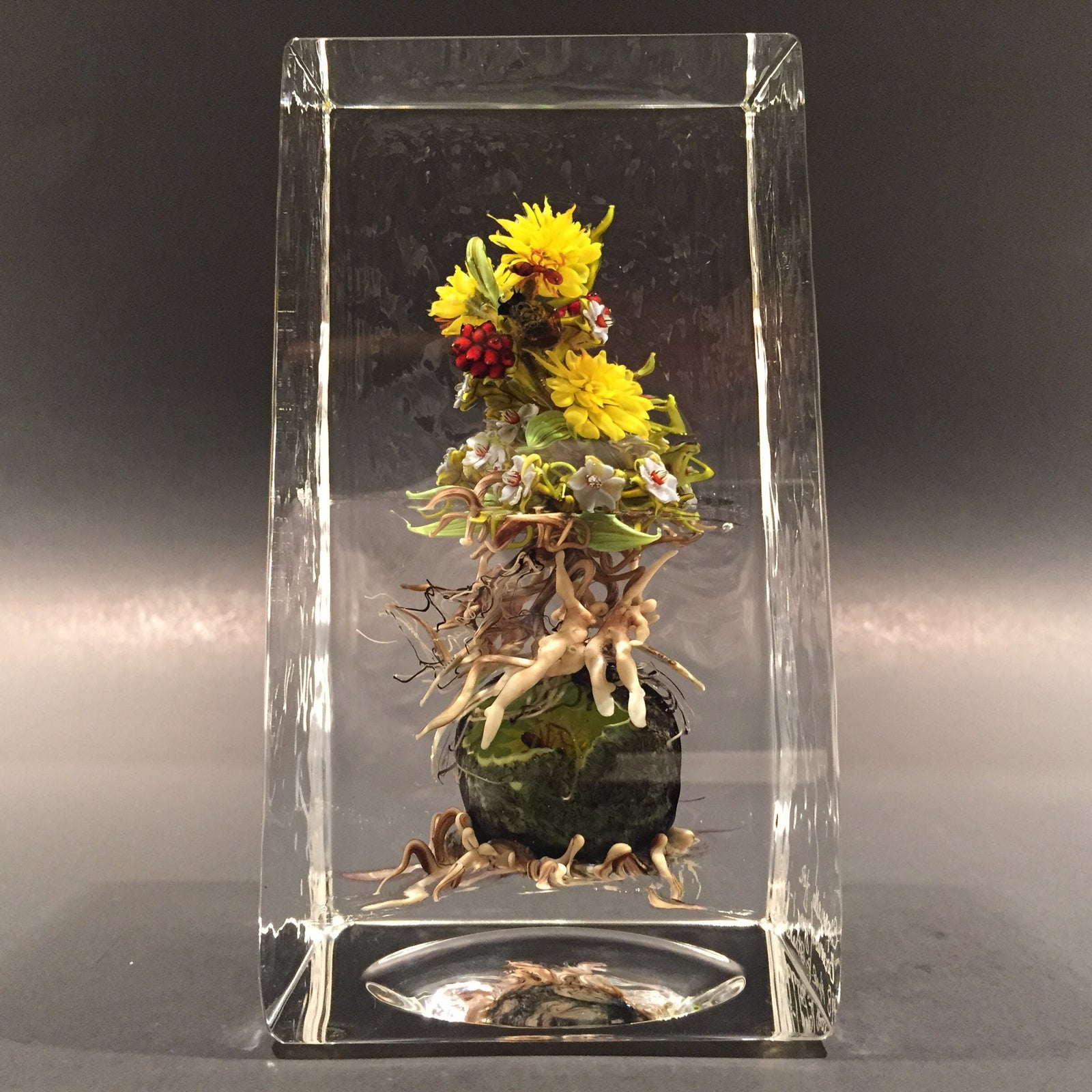 Paul Stankard Art Glass Paperweight Detailed Lampworked Floral Block Sculpture