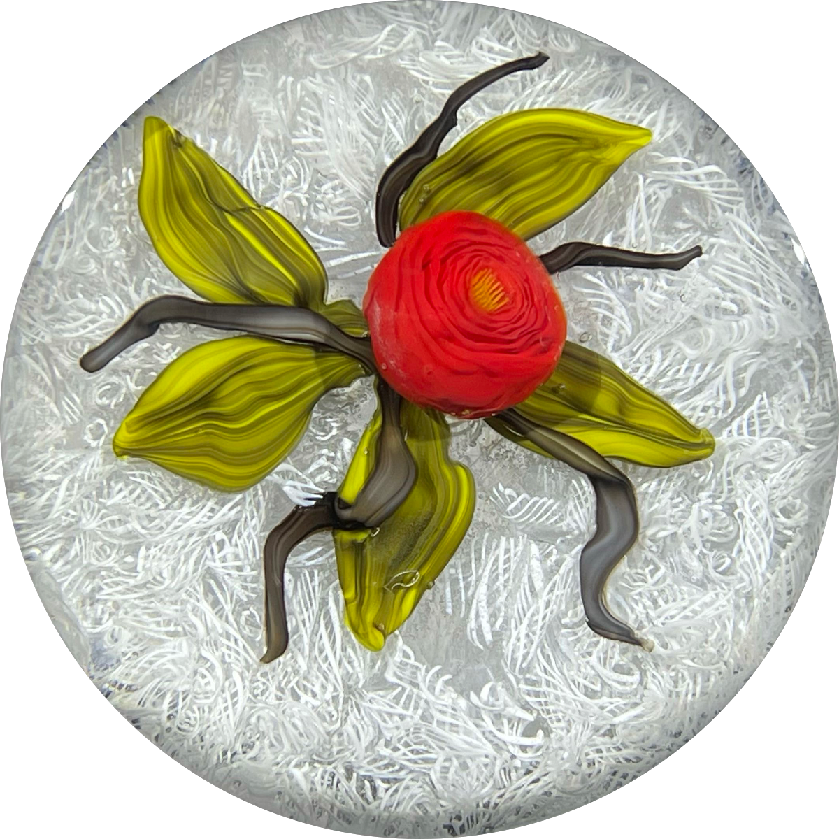 James Hart Flamework Nosegay with Red Rose Blossom on white Upset Filligree Ground