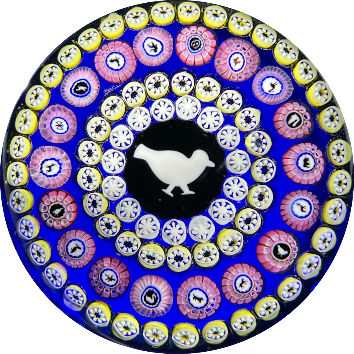 Baccarat Crystal 1979 LE Pigeon Blanc Gridel Murrine With Concentric Millefiori & 18 Silhouette Canes on Blue
