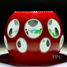 Perthshire Glass Art Glass Paperweight Red Faceted Overlay with Flamework Butterfly with Flowers