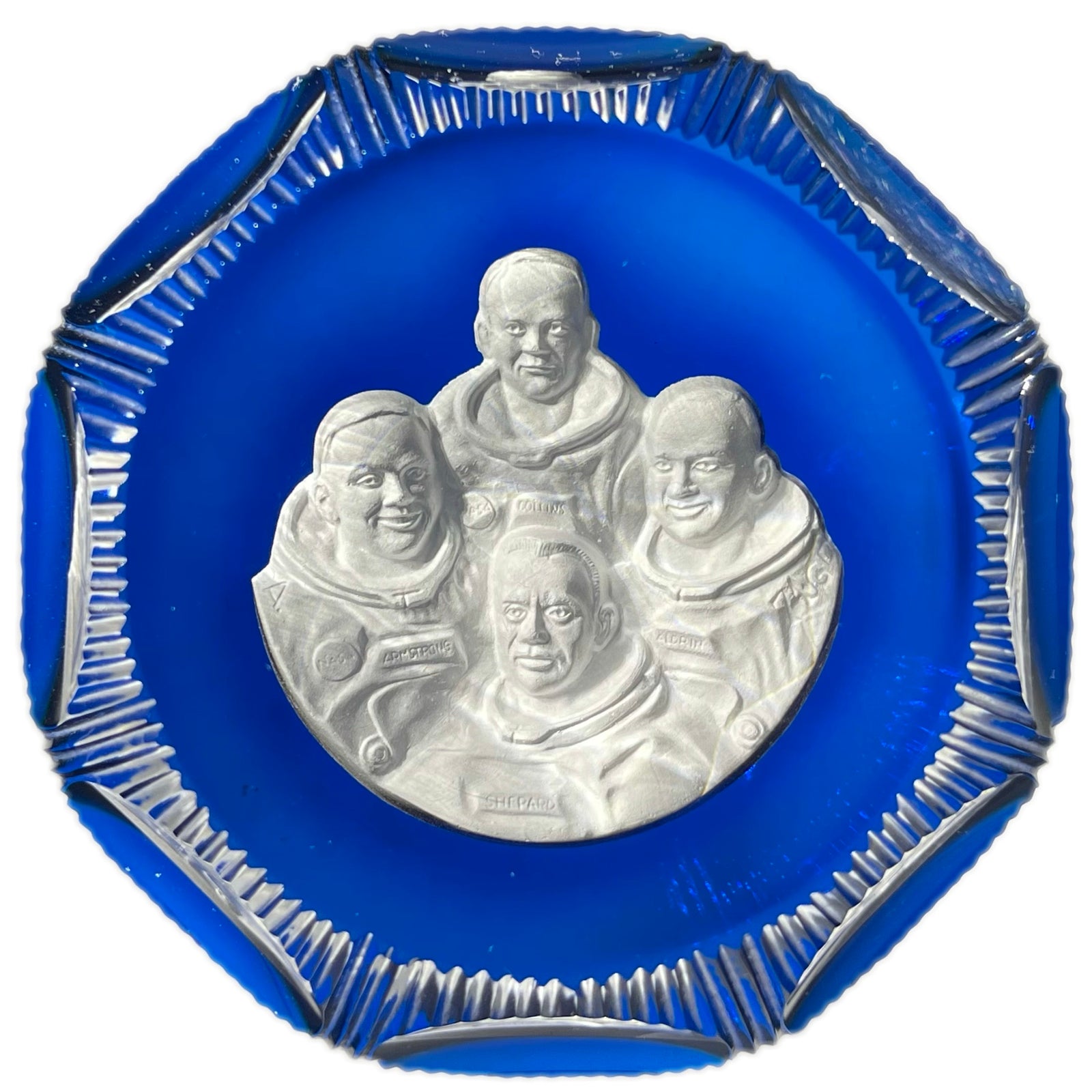 Cristal d’Albret Nasa Moon Men Astronauts Sulphide on Blue Fancy Cut Glass Paperweight