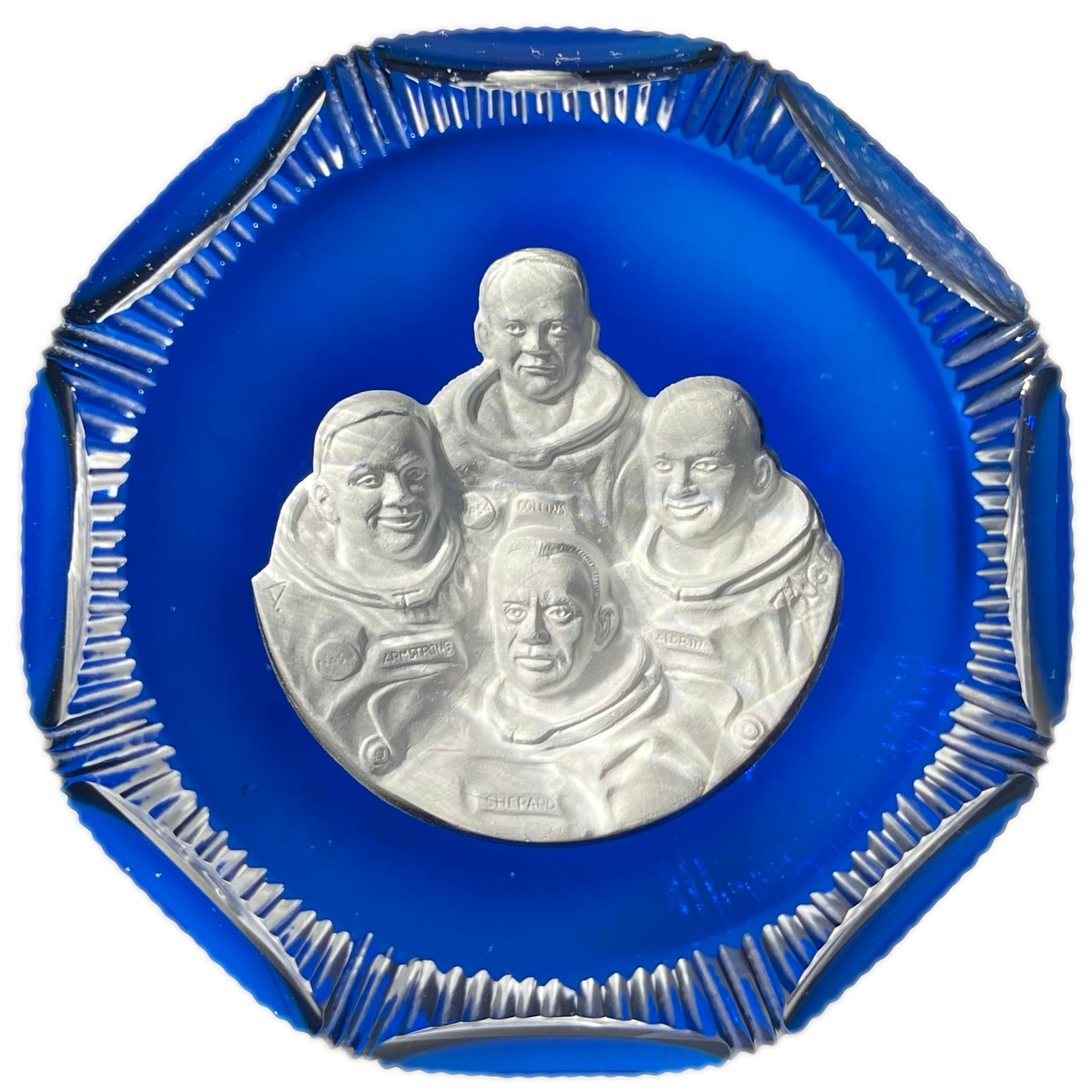 Cristal d’Albret Nasa Moon Men Astronauts Sulphide on Blue Fancy Cut Glass Paperweight