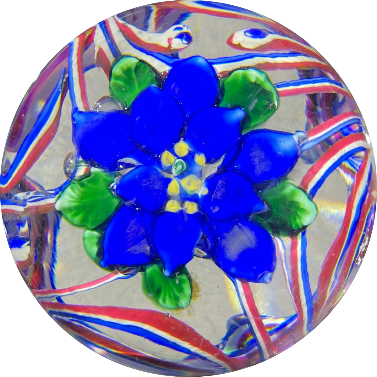 Antique Union Glass Co. Magnum Marbrie With Lampwork Blue Blossom