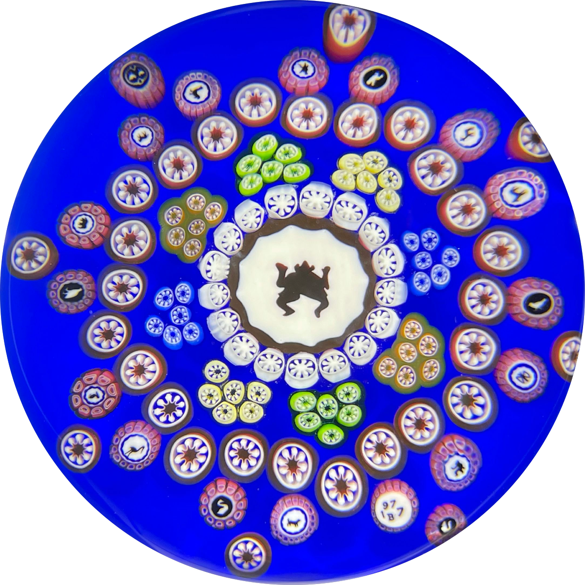 Baccarat Crystal 1977 LE Diable Rouge Gridel Murrine with Patterned Complex Millefiori on Opaque Blue Ground