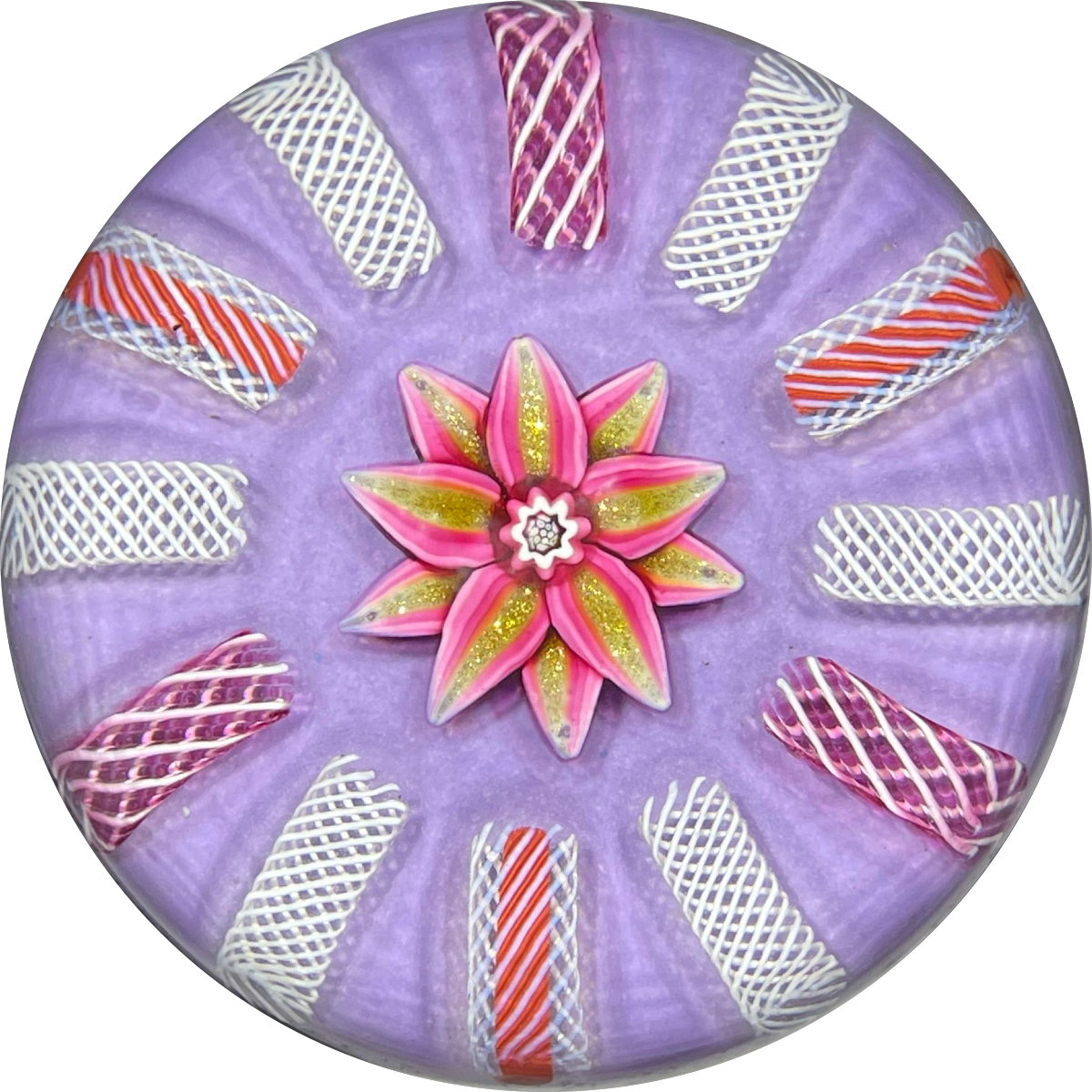 Harland Era Paul Ysart Attributed Flamework Pink & Aventurine Clematis on Lilac Ground with Filigree Radials