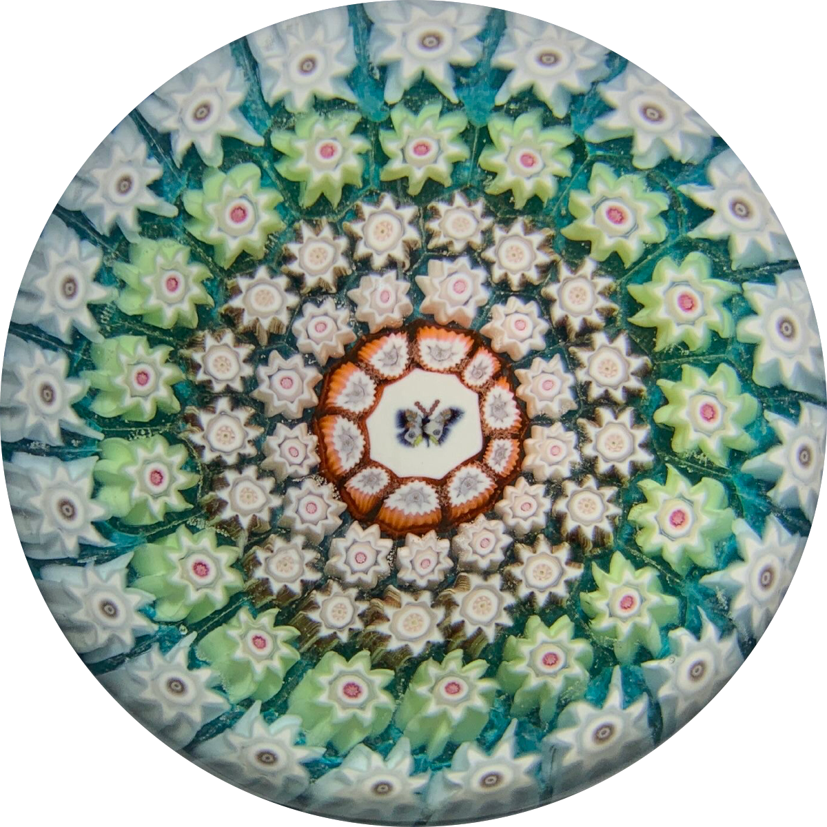 Perthshire Paperweights PP107 Complex Concentric Millefiori With Butterfly Picture Cane