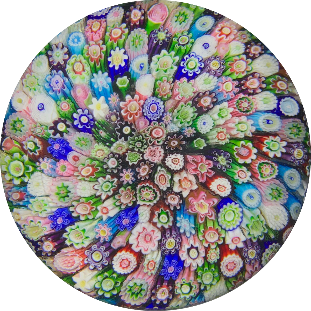 Large Antique Clichy Glass Art Paperweight Complex Closepack Millefiori in Green & White Stave Basket