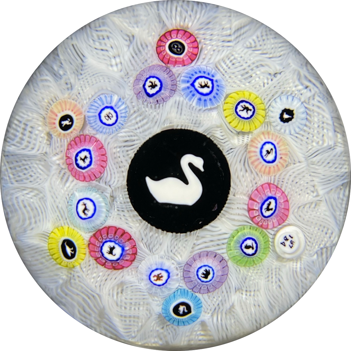 Baccarat Crystal 1974 LE Cygne Blanc Gridel Swan Murrine With 17 Silhouette Canes on Upset White Muslin Lace