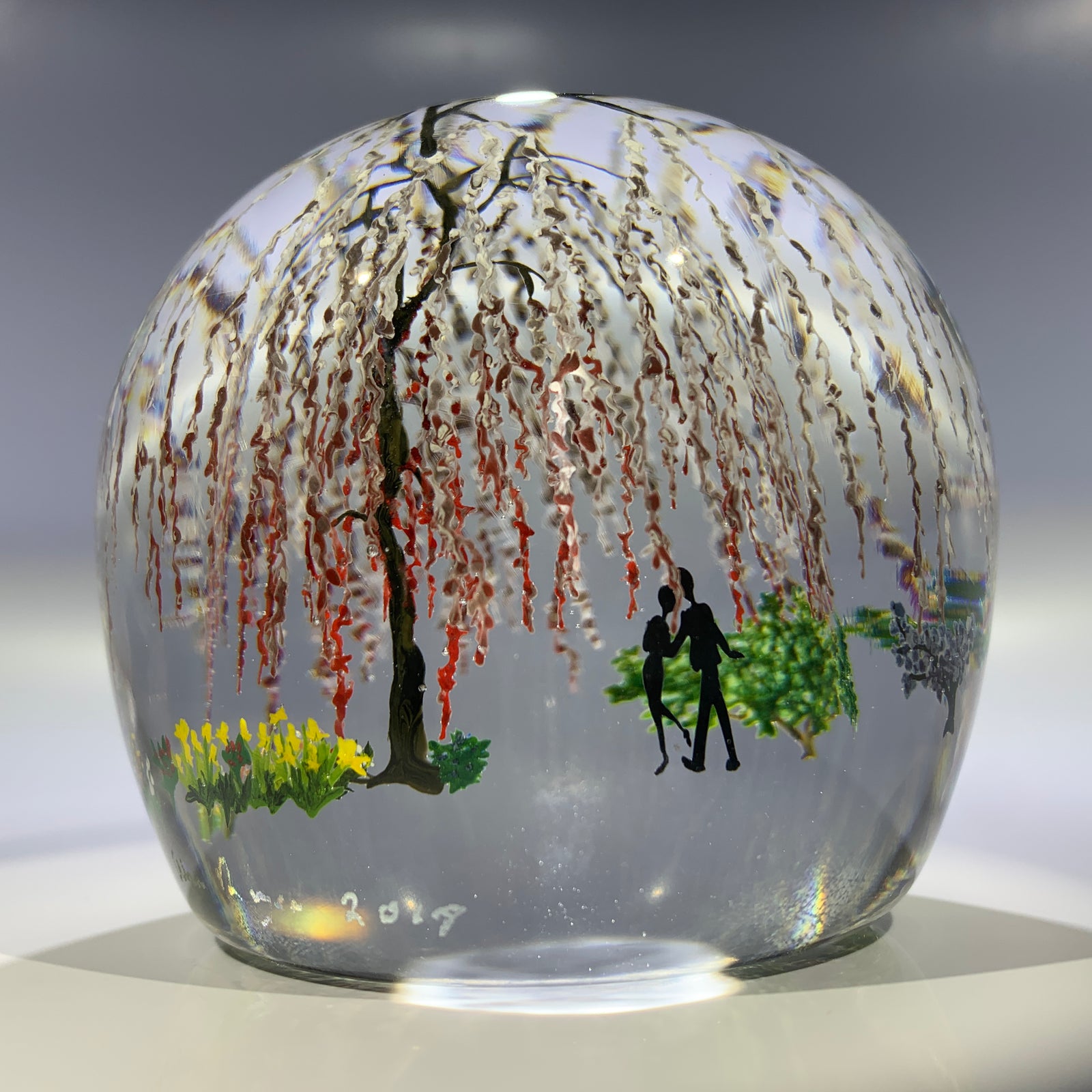 Contemporary Alison Ruzsa Art Glass Paperweight Encapsulated Hand Painted Weeping Willow
