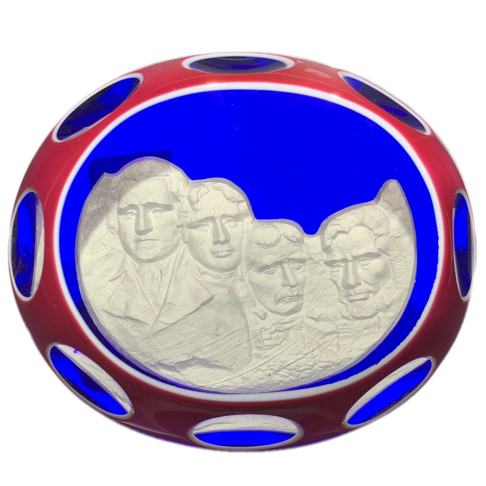 Large Modern Baccarat Mount Rushmore Sulphide with Faceted Triple Overlay Glass Art Paperweight