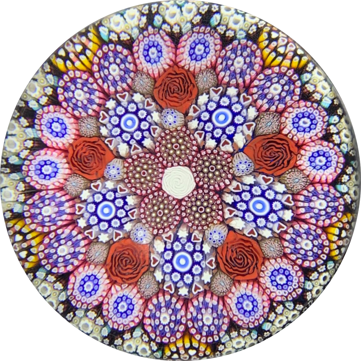 Michael Hunter Twists Studio 2019 Art Glass Paperweight Complex Close Concentric Millefiori & Rose Canes