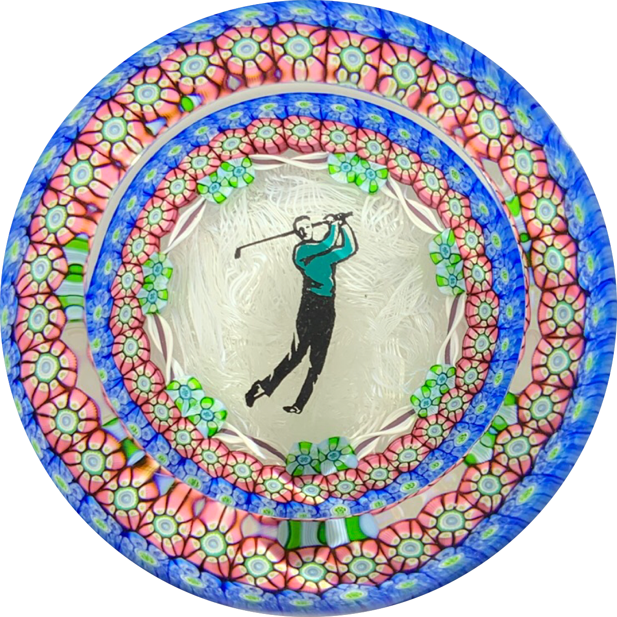 Perthshire Paperweights 1987 Golfer on Upset Muslin Complex Concentric Millefiori