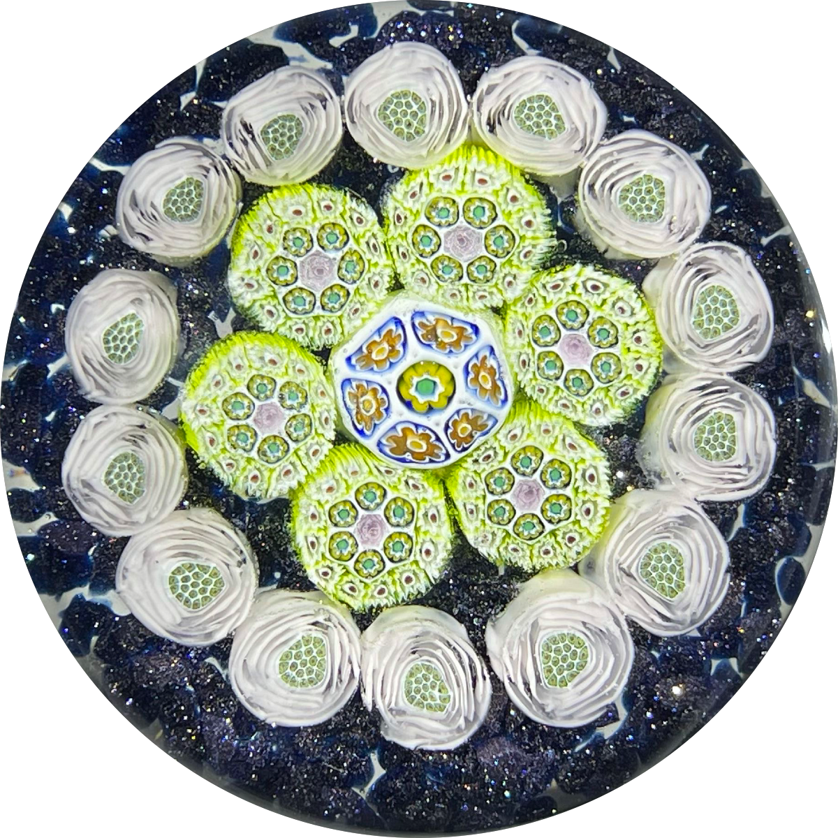 James Hart 2008 Complex Concentric Millefiori w/ Roses on Aventurine Ground