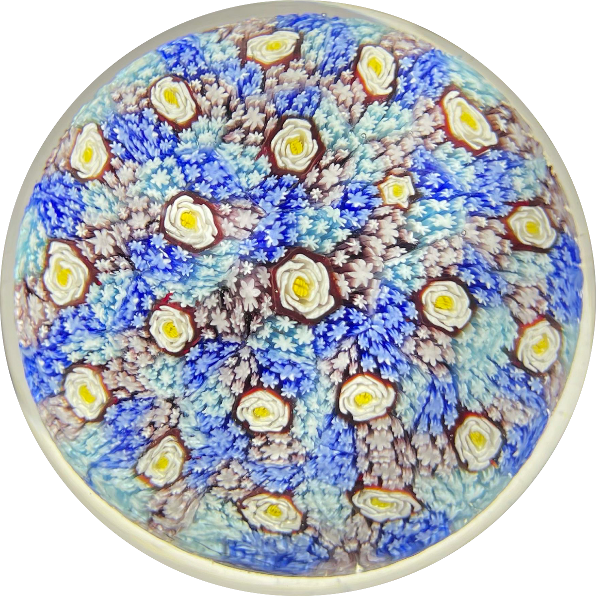 Large Murano Glass Art Paperweight Carpeted Closepack Millefiori with Spaced White Roses