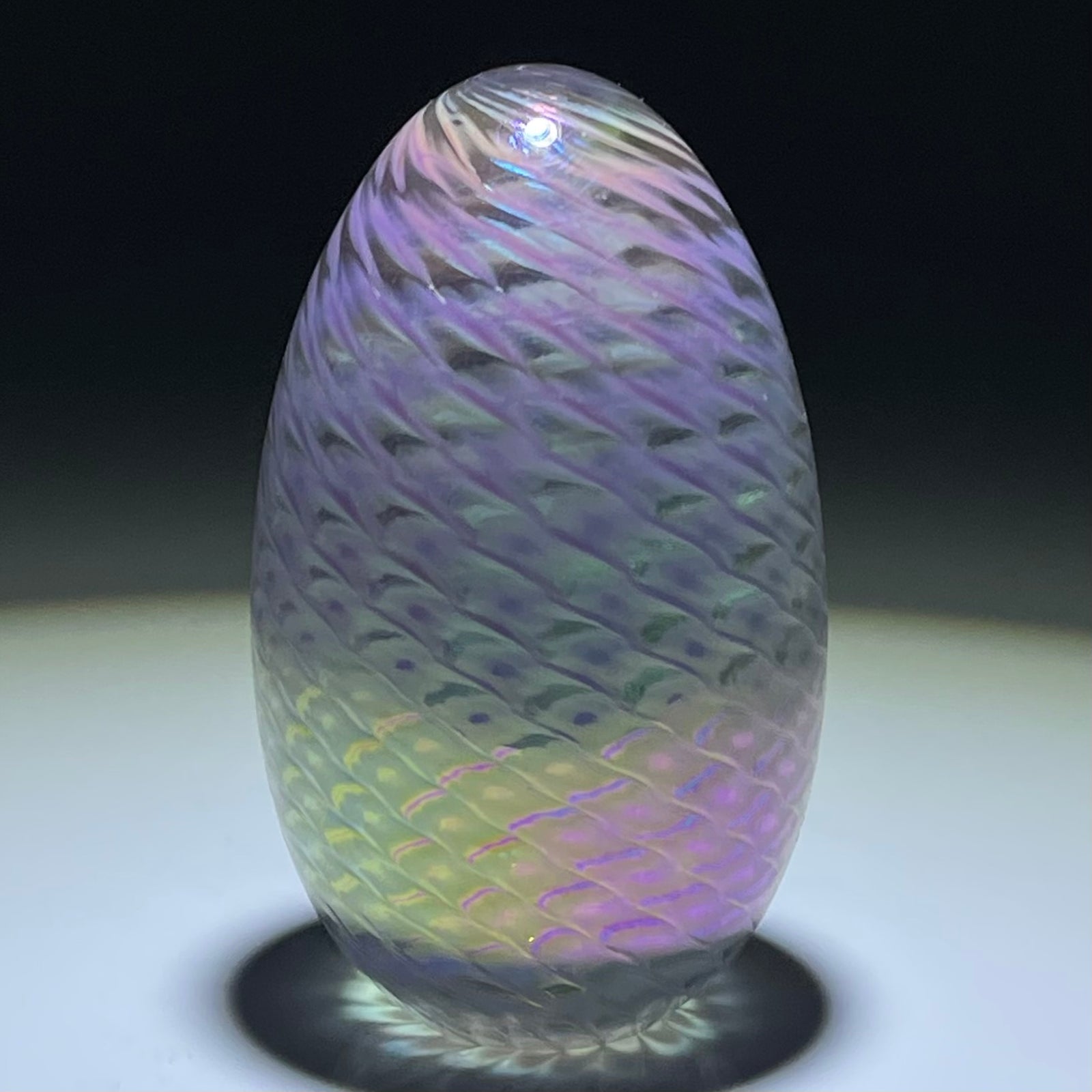 Mount St Helens (MSH) Iridescent Pulled Feather Decorated Egg Glass Paperweight