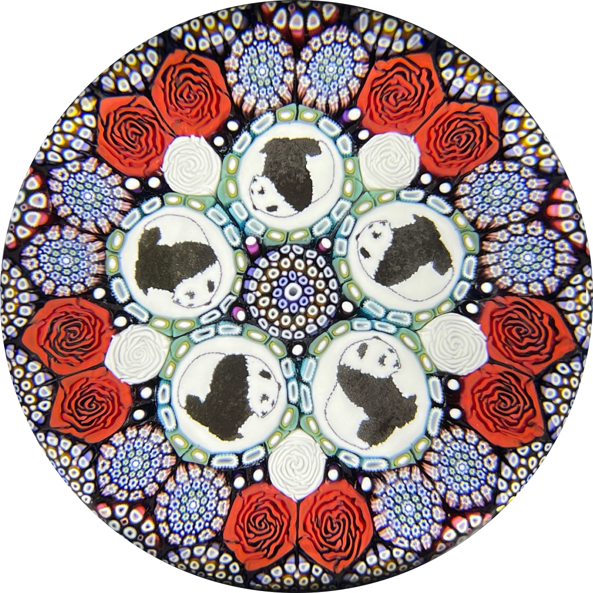 Michael Hunter 2021 Patterned Concentric Complex Millefiori with Panda Picture Murrine & Roses
