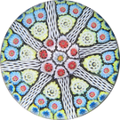 Vintage Strathearn Glass Art Paperweight Colorful Paneled Millefiori and White Filigree on Opaque Black Ground