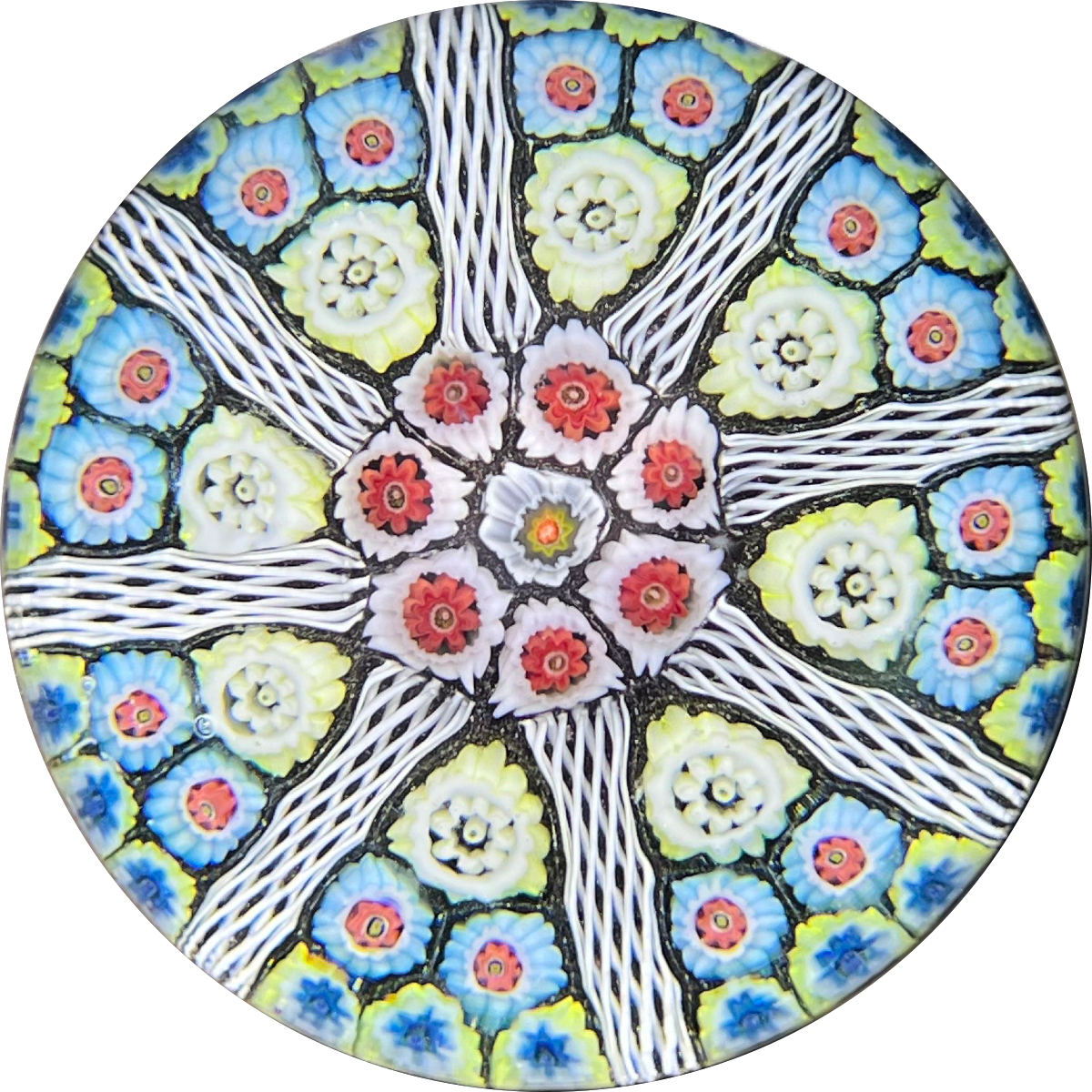 Vintage Strathearn Glass Art Paperweight Colorful Paneled Millefiori and White Filigree on Opaque Black Ground