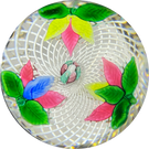 Antique New England Glass Co. (NEGC) Glass Art Paperweight Lampwork Triple Leaf Spray with Millefiori on White Filigree Basket