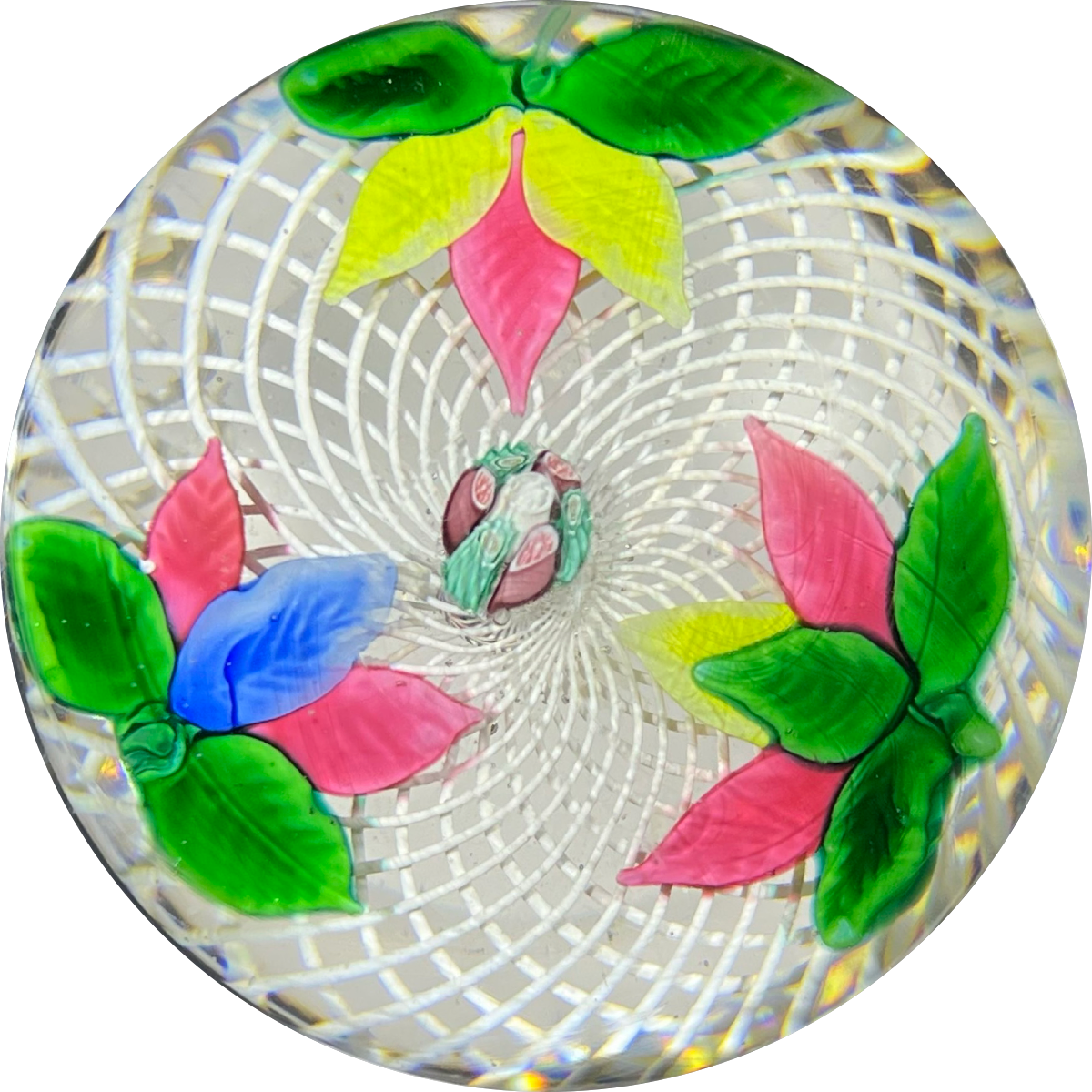 Antique New England Glass Co. (NEGC) Glass Art Paperweight Lampwork Triple Leaf Spray with Millefiori on White Filigree Basket