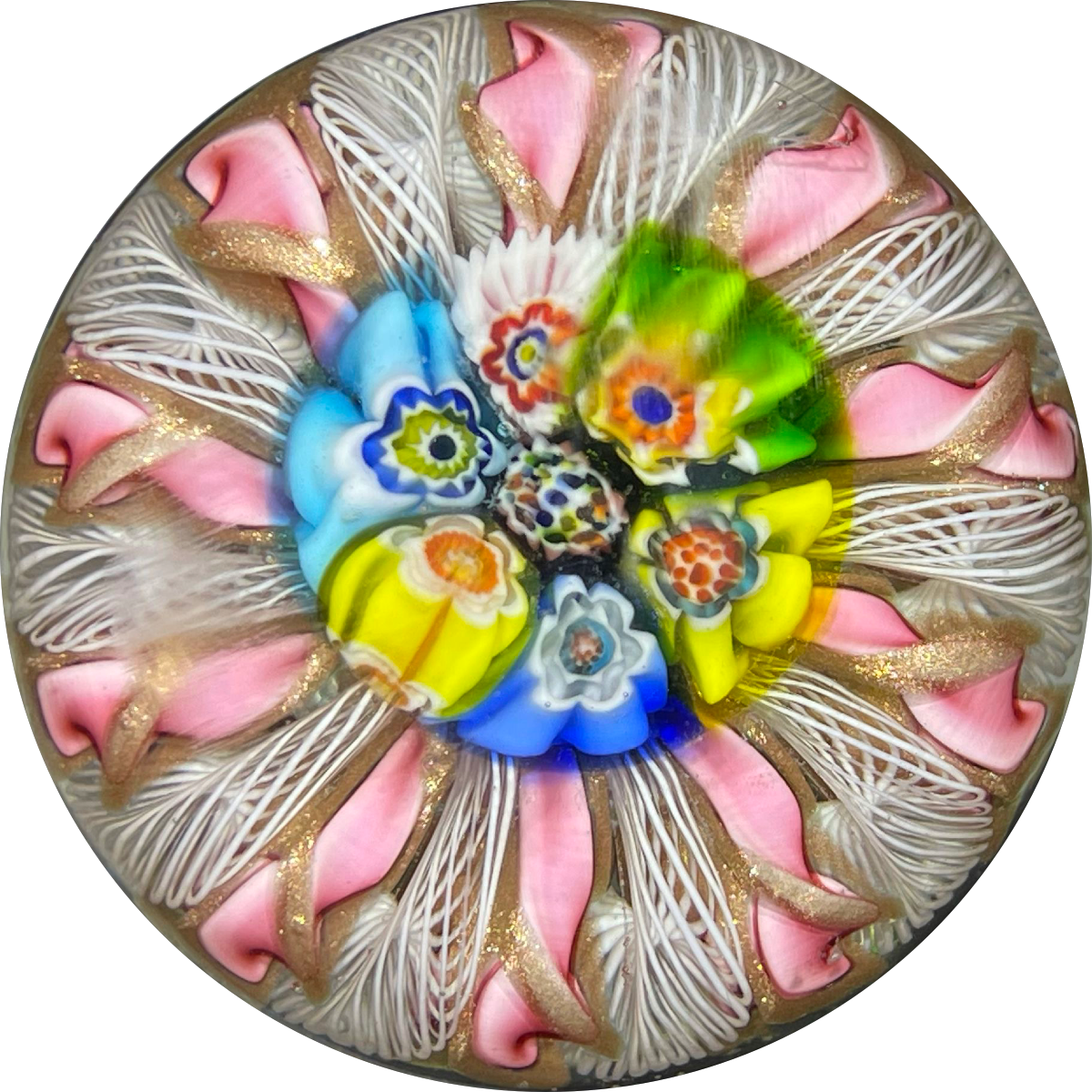 Early to Mid 20th Century Murano Millefiori Crown Paperweight with Pink Ribbon Twists