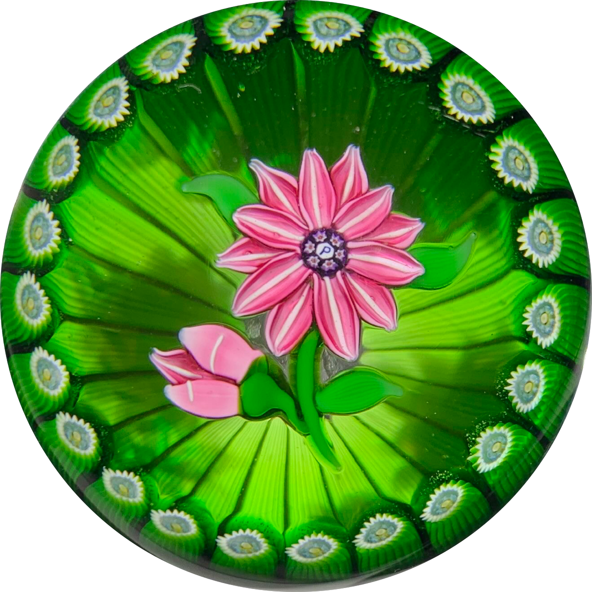 Perthshire Paperweights 1978F Flamework Pink Clematis in Green Stave Basket