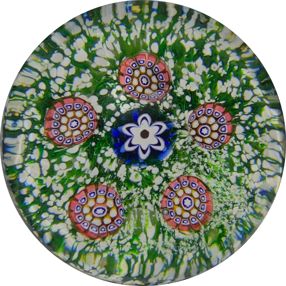 Antique Saint-Louis Miniature Spaced Complex Millefiori on Green Jasper Ground