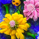 Debbie Tarsitano 2000 Glass Art Paperweight Flamework Flowers with Complex Millefiori & Ladybugs on Blue