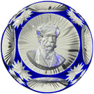 Cristal d’Albret Albert Schweitzer Sulphide Fancy Cut Blue Overlay Glass Paperweight