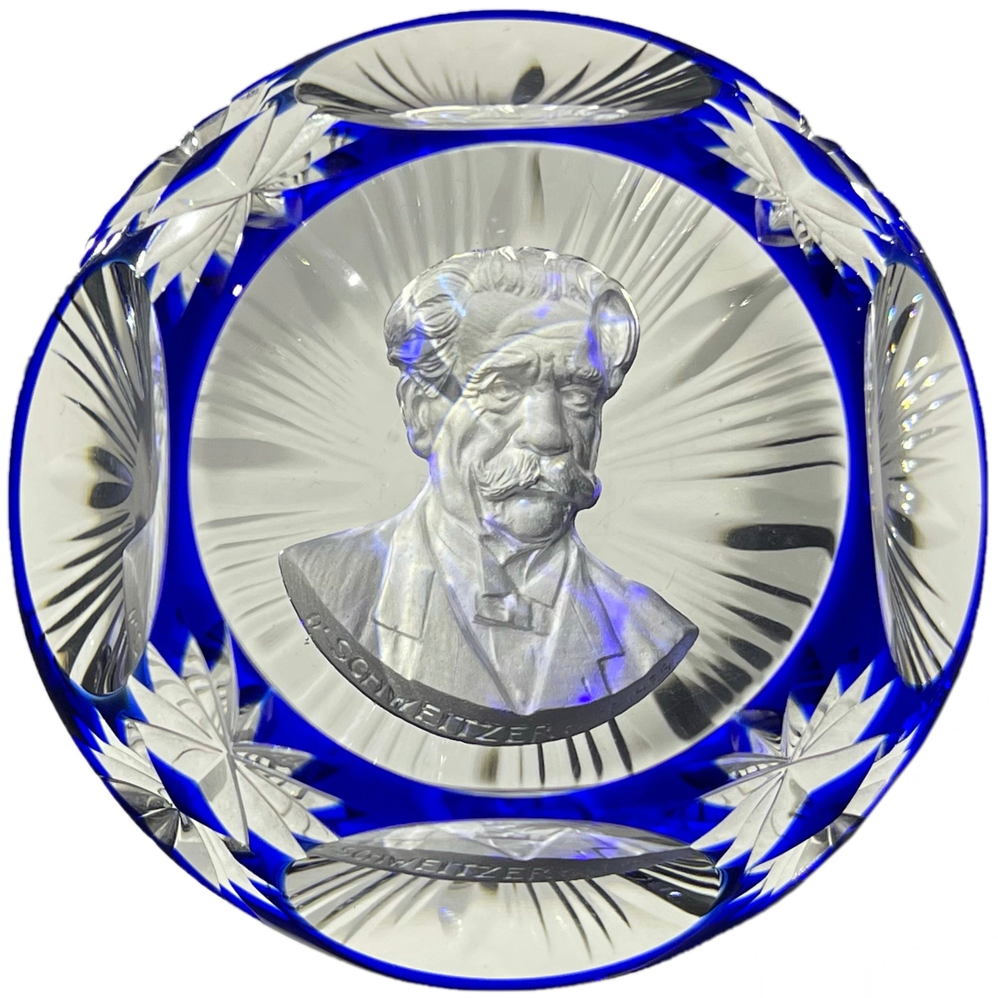 Cristal d’Albret Albert Schweitzer Sulphide Fancy Cut Blue Overlay Glass Paperweight