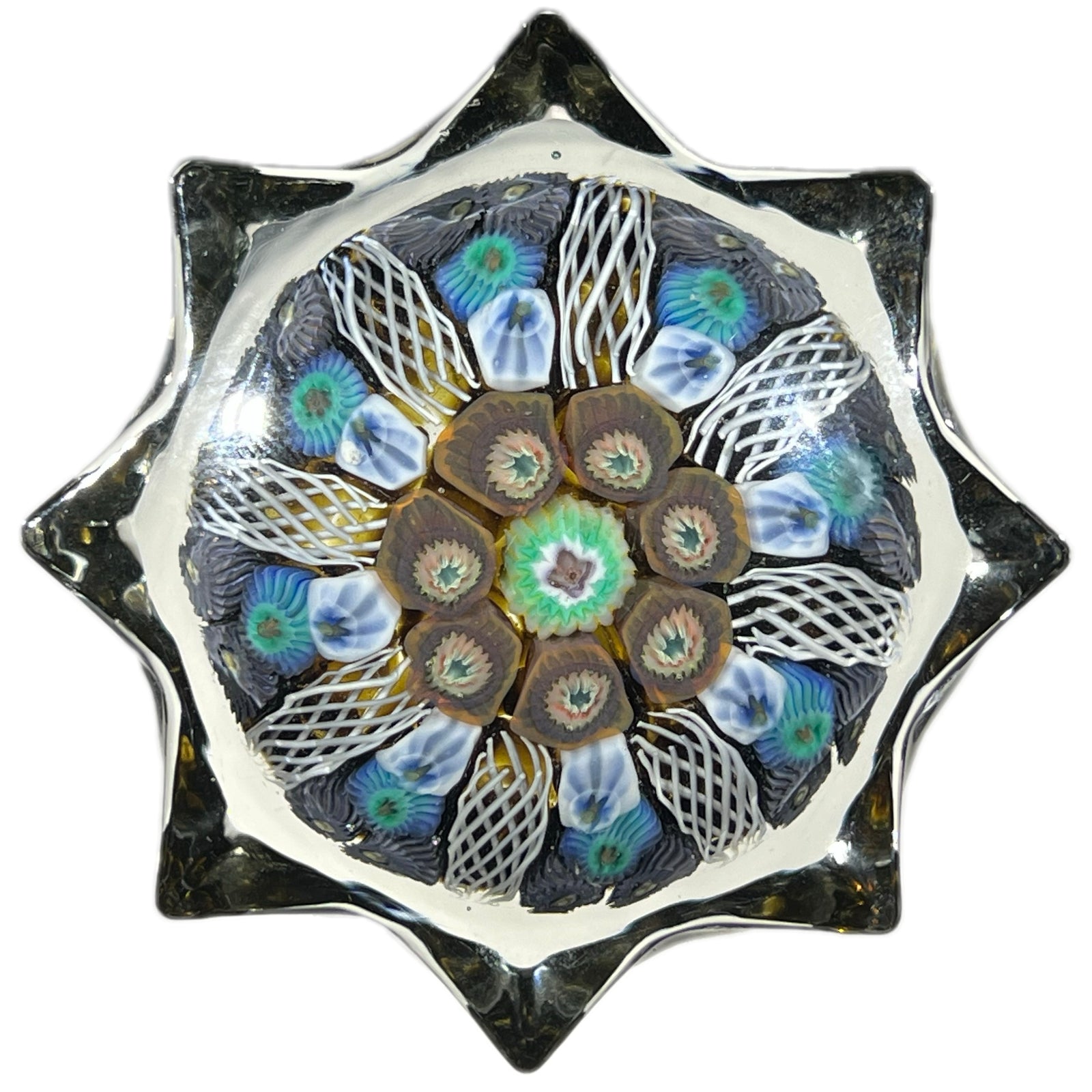 Vintage Strathearn Pressed Star Glass Art Paperweight with Paneled Blue Millefiori
