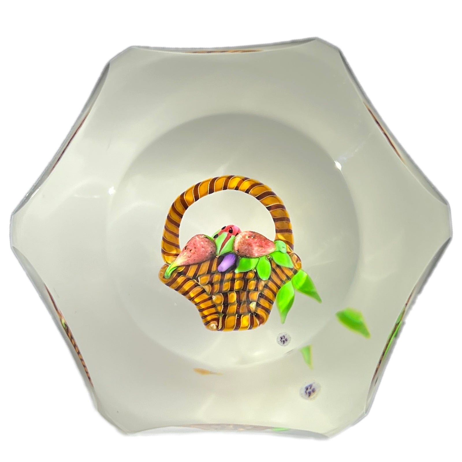 LE Baccarat 1976 Flamework Basket of Fruit on Opaque White Ground Faceted Glass Art Paperweight