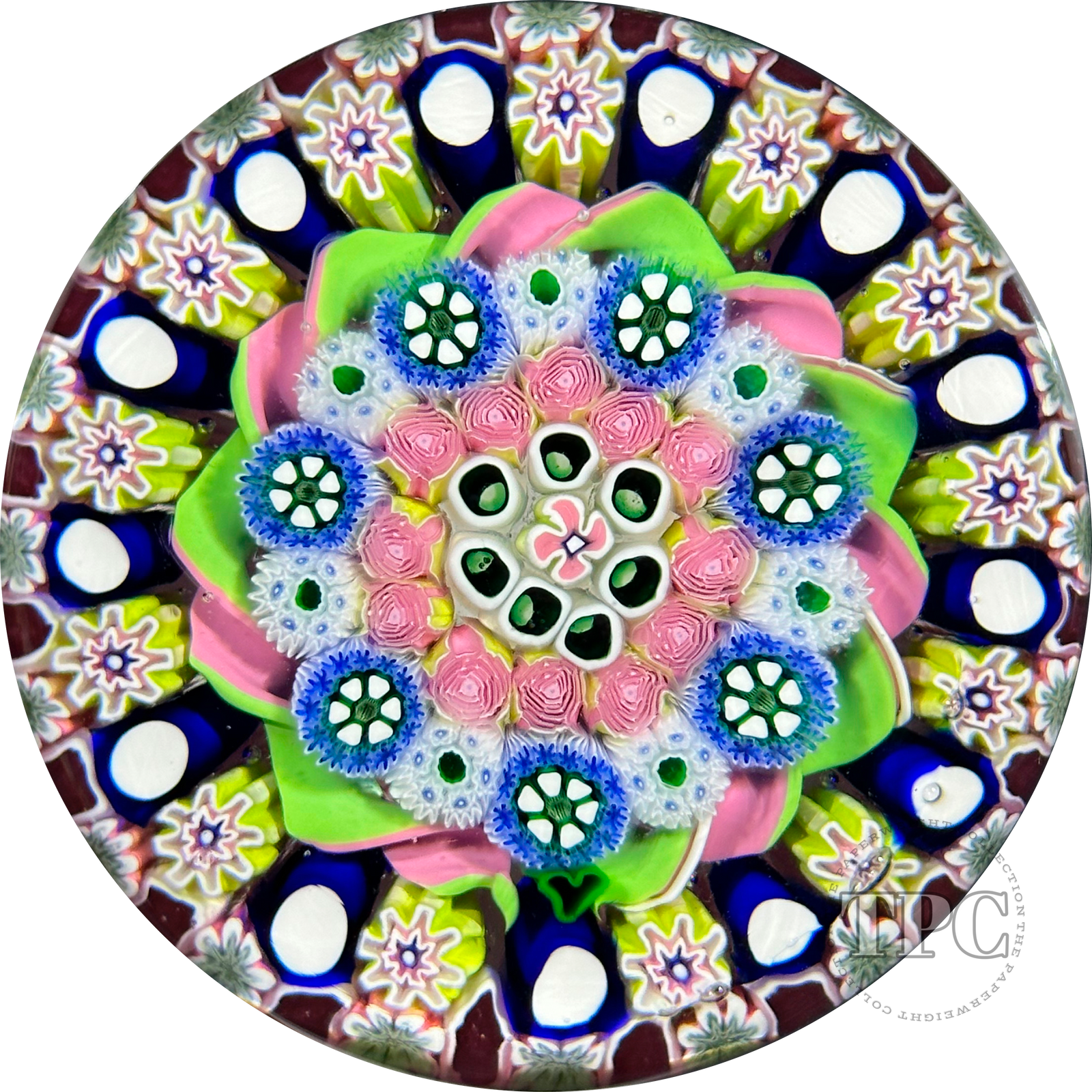 Damon MacNaught 2022 Glass Art Paperweight Complex Concentric Millefiori with Pink & Green Torsade