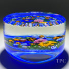 Debbie Tarsitano 2000 Glass Art Paperweight Flamework Flowers with Complex Millefiori & Ladybugs on Blue