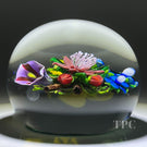 Ken Rosenfeld 2022 Glass Art Paperweight Flamework Flower Bouquet on Transparent Dark Emerald Green Ground