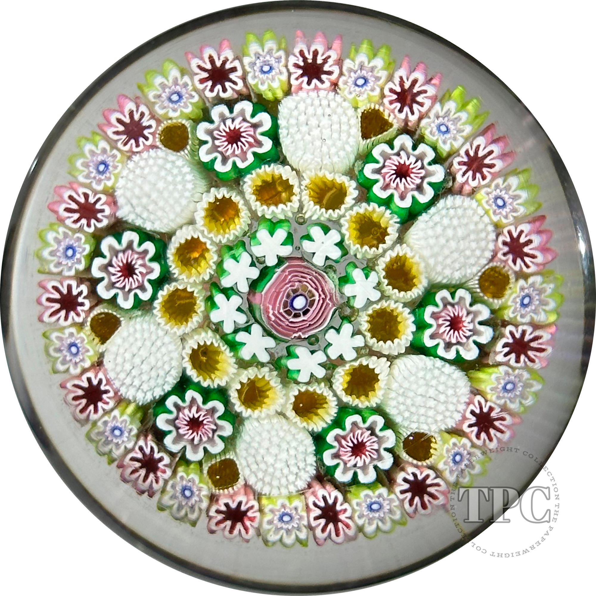 Damon MacNaught 2021 Glass Art Paperweight Complex Concentric Millefiori with Large Pink Rose Center