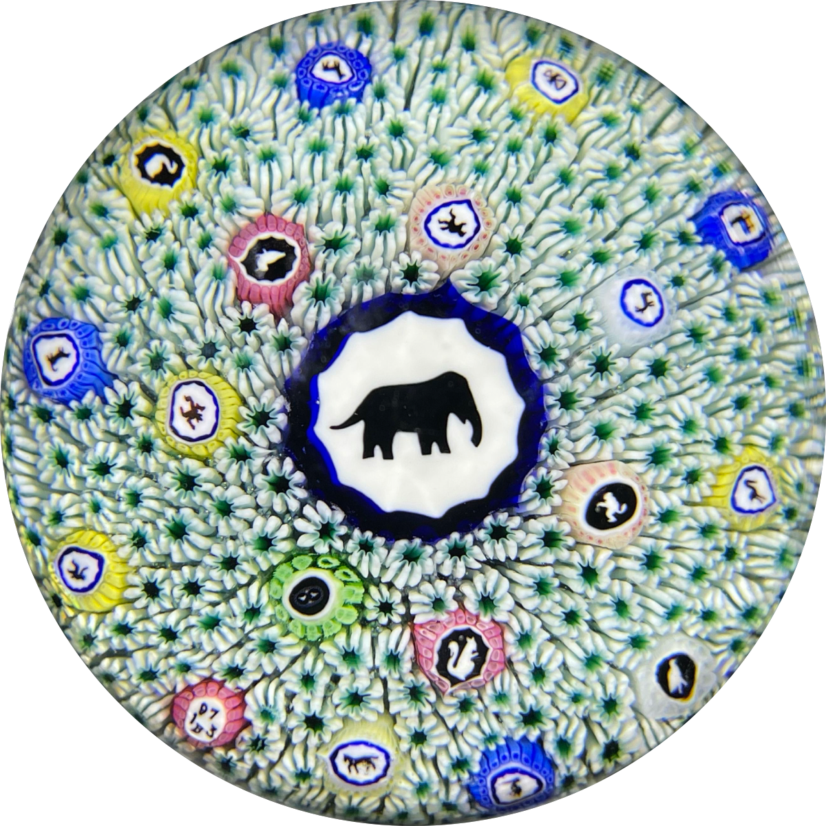 Baccarat 1973 Art Glass Paperweight Gridel Elephant Silhouette Millefiori Carpet Ground Elephant Plus 17 Silhouettes