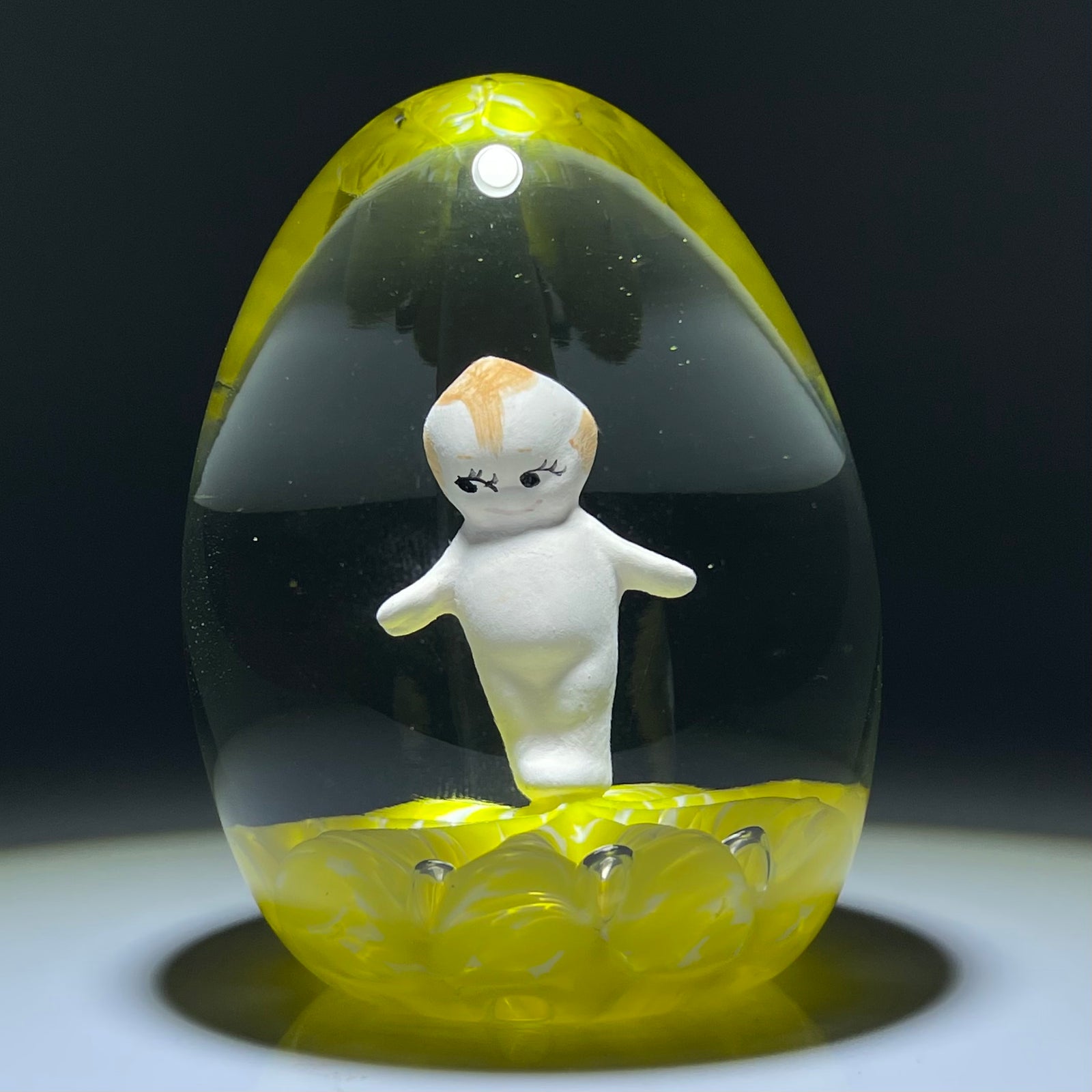 Maude And Bob St. Clair 1975 Hand-Painted Kewpie Doll Sulphide on Mottled Yellow Ground