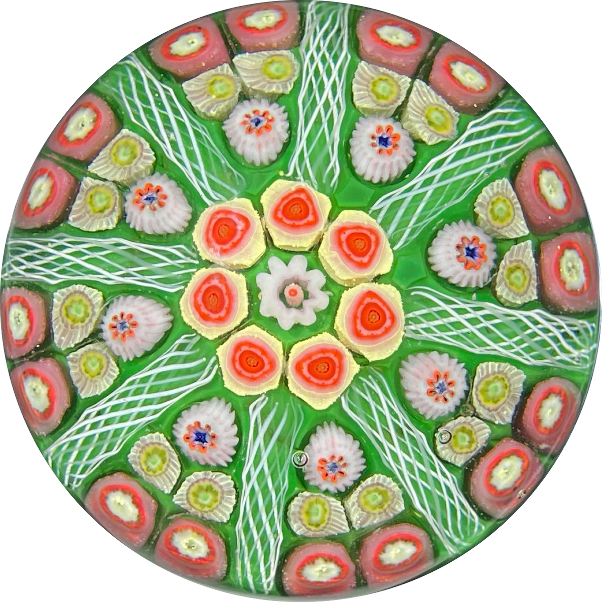 Vintage Strathearn Glass Art Paperweight Colorful Paneled Millefiori with  Filligree on Green Ground