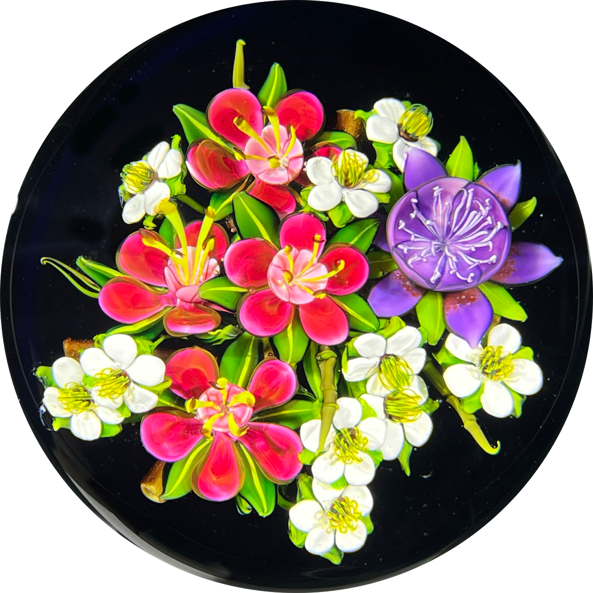 Ken Rosenfeld 2021 Flamework Glass Art Paperweight Flower Bouquet on Dark Navy Blue