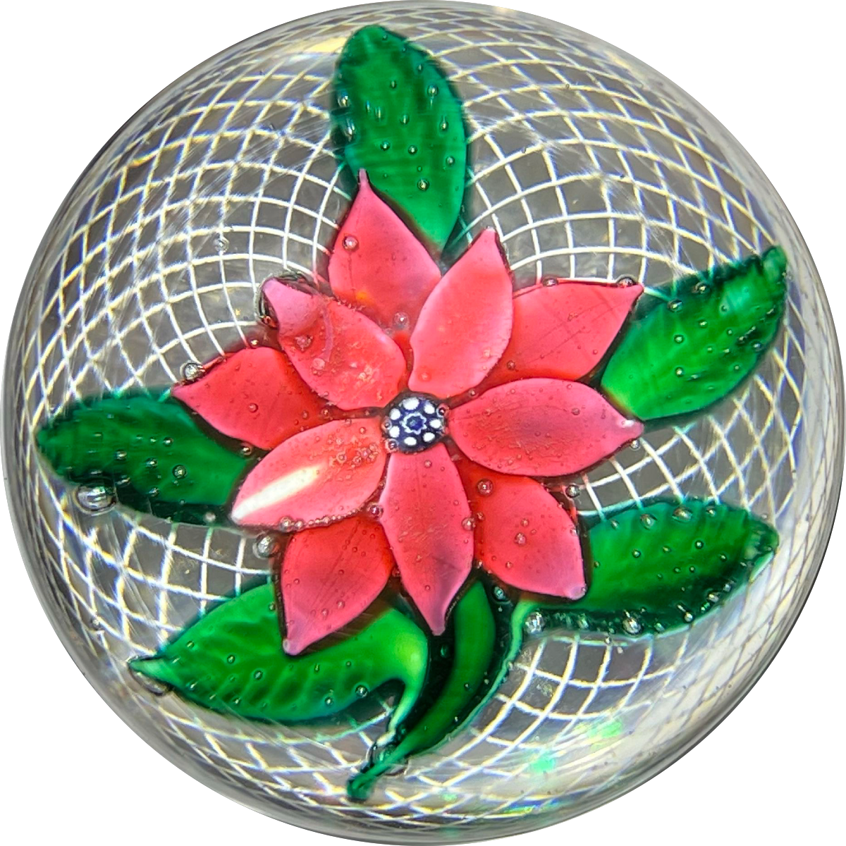 Antique New England Glass Company NEGC Lampwork Poinsettia on White Filigree Basket