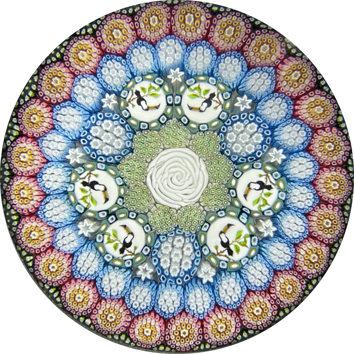 Michael Hunter 2021 Concentric Complex Millefiori in Stave Basket with White Rose & Toucan Picture Murrine
