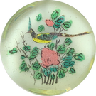 Early Chinese Art Glass Paperweight Hand Painted Black-Crested Bulbul Bird on White Ground