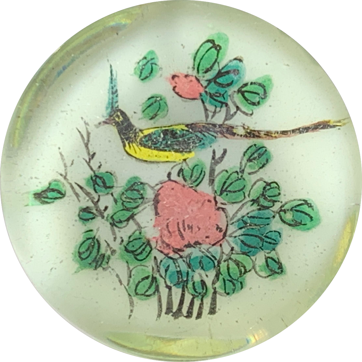 Early Chinese Art Glass Paperweight Hand Painted Black-Crested Bulbul Bird on White Ground