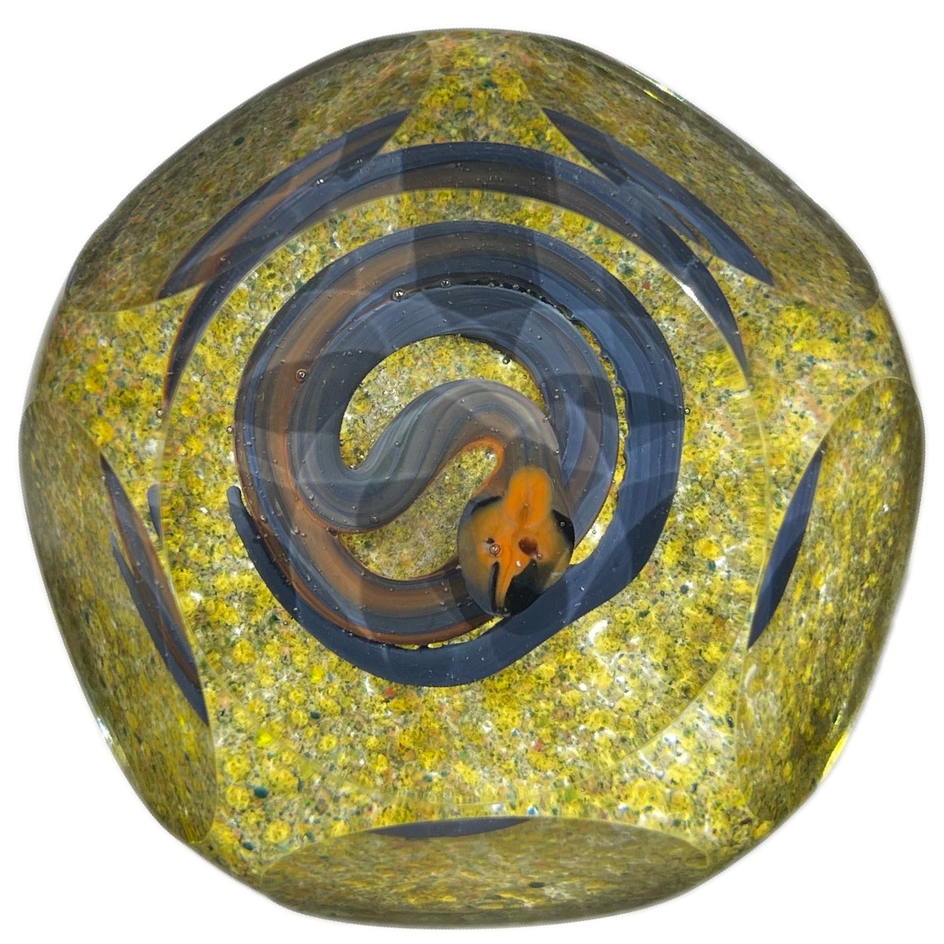 Faceted Harold Hacker Flamework Coiled Snake on Sandy Ground