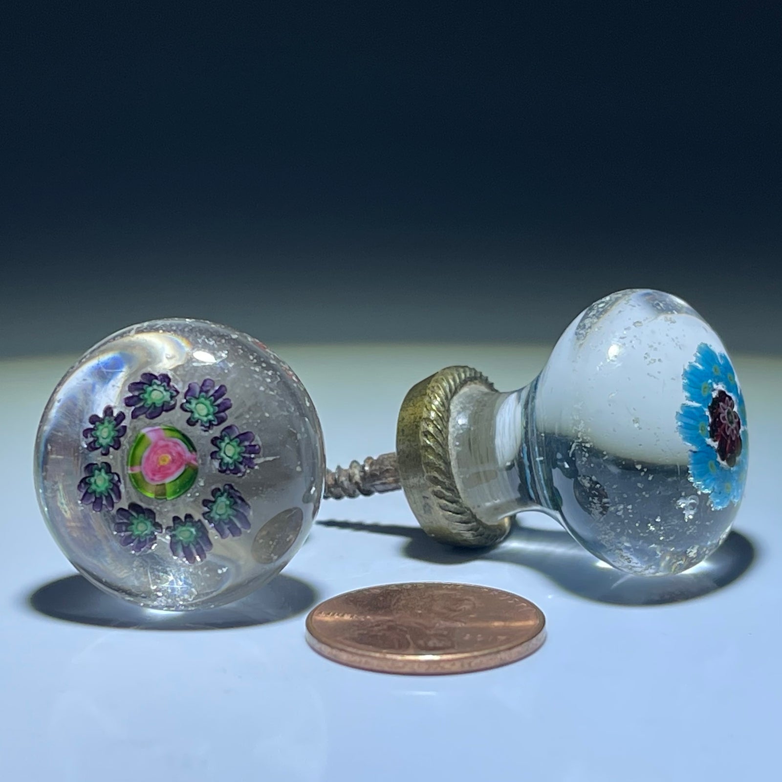 Cutest Pair of Antique Clichy Miniature Concentric Millefiori Drawer Pulls