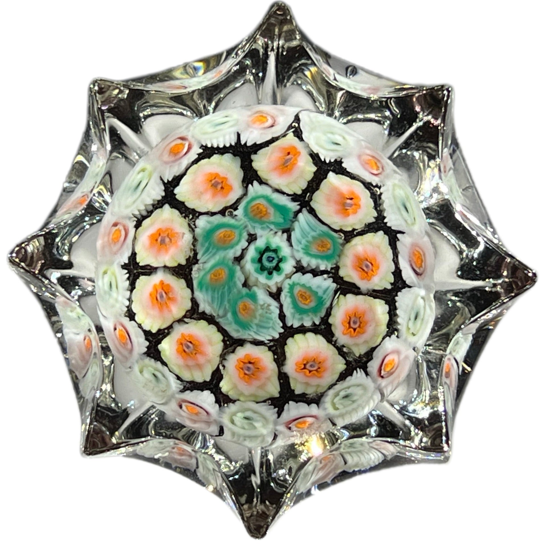 Vintage Strathearn Pressed Star Glass Art Paperweight with Colorful Concentric Millefiori