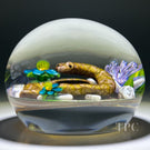 Ken Rosenfeld 2022 Glass Art Paperweight Flamework Brown Scaled Snake on Sand with Pebbles & Perennial Flowers